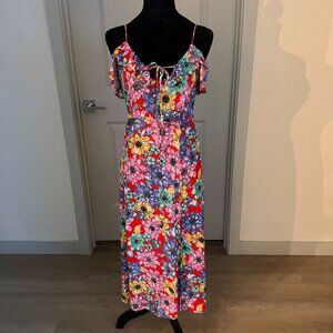 Lulus Red Floral Lined Midi Dress Ruflle Top Side Slit XS Cottagecore Farmhouse